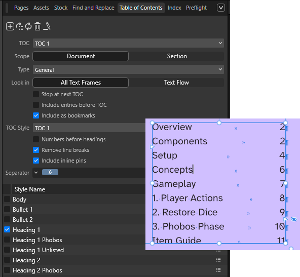 The table of contents panel with an example of a table of contents next to it.
