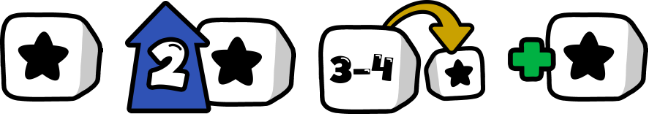 Four dice icons with various effects, all using the same die symbol.