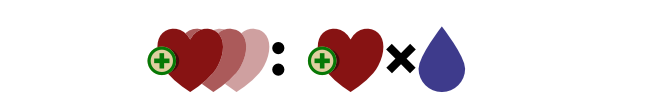 A plus symbol on three fading heart symbols, then a colon, then a plus
symbol on a heart, then an X, then a water symbol.