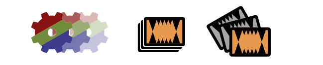 Three overlapping cog symbols that progressively fade with each symbol.
Three cards stacked up and slightly offset each time. Three cards splayed
out.