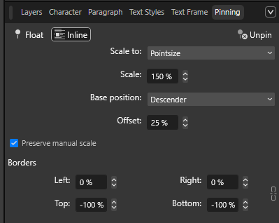 The pinning panel with all of the settings from above.