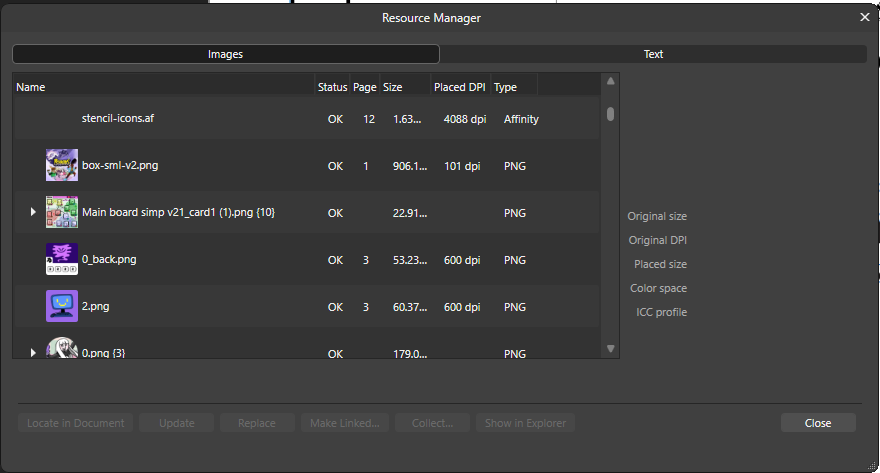 Affinity's resource manager panel, with several images shown in a list.