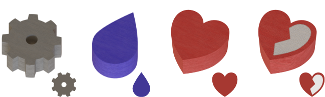 A 3-D render of a wood heart token with a heart symbol next to it. Then a
3-D render of the same wood heart token with a white symbol printed on its
surface and a matching heart symbol next to it.