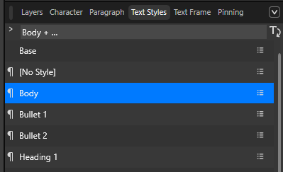The Text Styles panel.