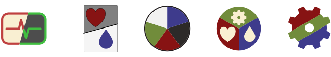 A heartbeat token cut in half so that half is light and half is dark. A
card icon cut in half with a heart symbol on top and a water symbol on the
bottom. A circle cut into 5 pie-pieces, each with their own color. A circle
cut into three pie-pieces, each with their own symbol. A cog colored with
red, green, and blue in diagonal bands.