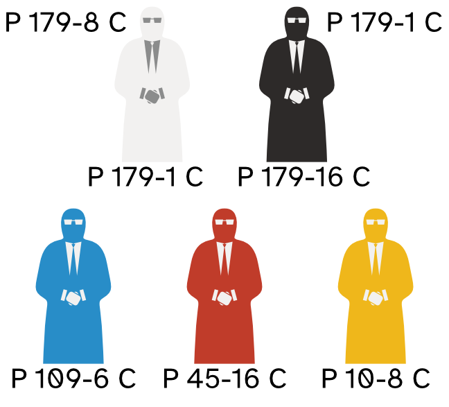 Four worker tokens with Pantone colors P 179-1 C, P 179-16 C, P 109-6 C,
P 45-16 C, and P 10-8 C. The tokens have a silk screen printed design using
the color P 179-1 C, except the white worker, which is using P 179-8
C.